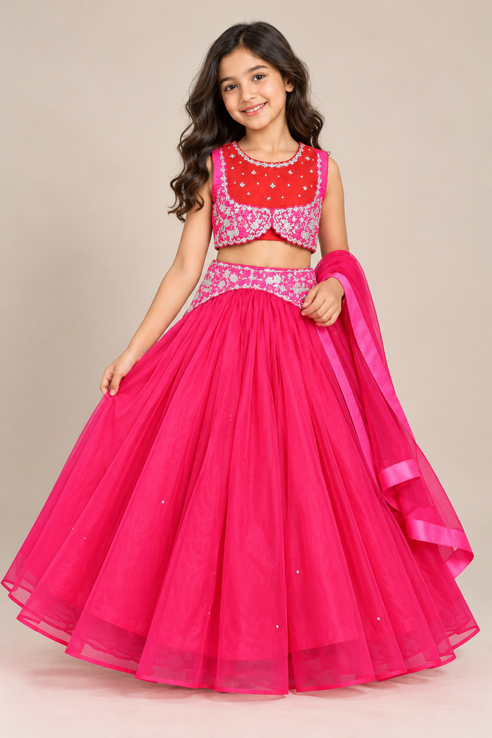 Vibrant Hot Pink Lehenga Featuring Hand Embroidery, A Flowy Skirt And Matching Dupatta