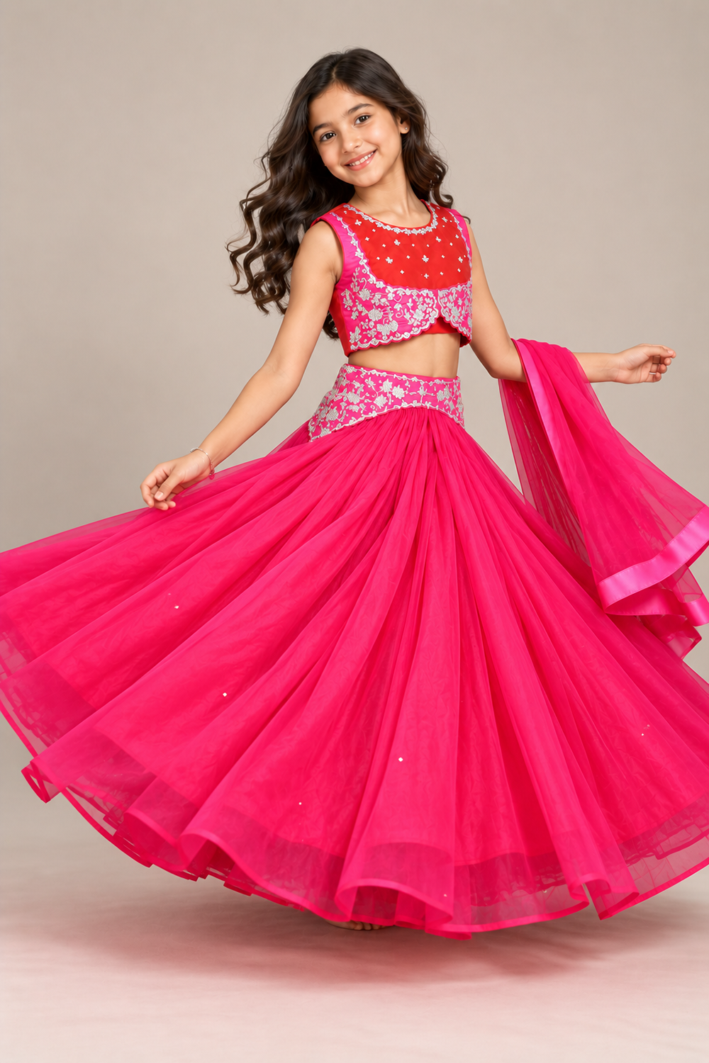 Vibrant Hot Pink Lehenga Featuring Hand Embroidery, A Flowy Skirt And Matching Dupatta