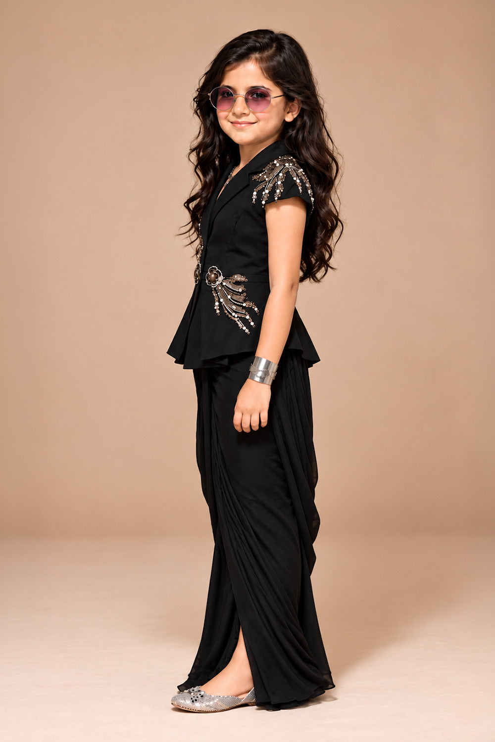 Indo Western Ensemble Featuring Blazer Style Top With Elegant Draped Skirt
