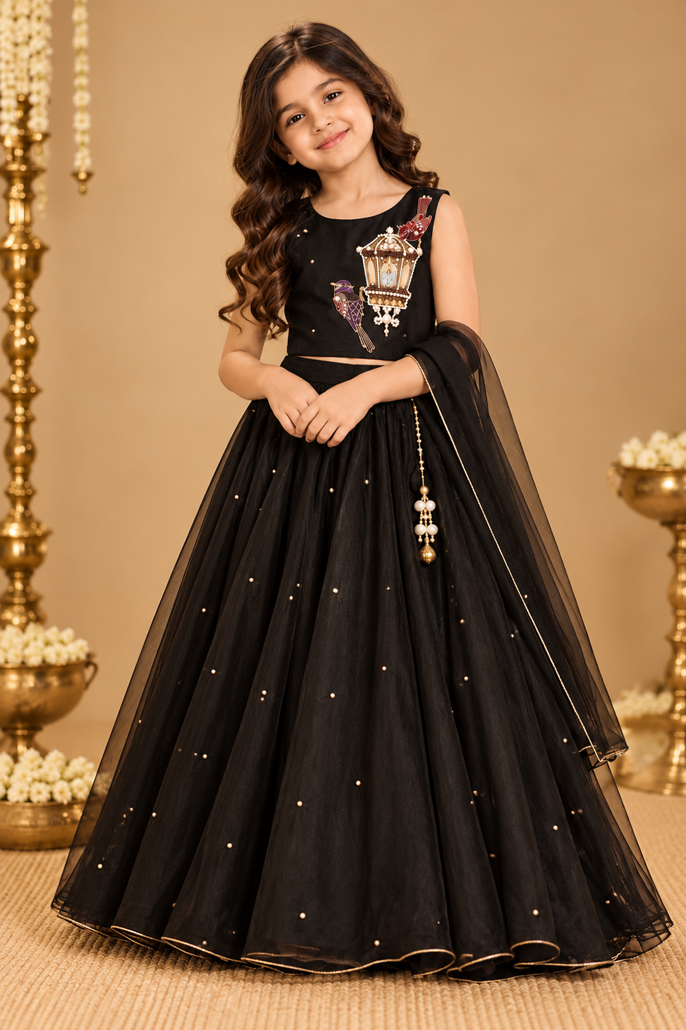 Elegant Lehenga With Beautiful Embroidered Bird Cage Motif Paired With Flowy Lehenga And Dupatta