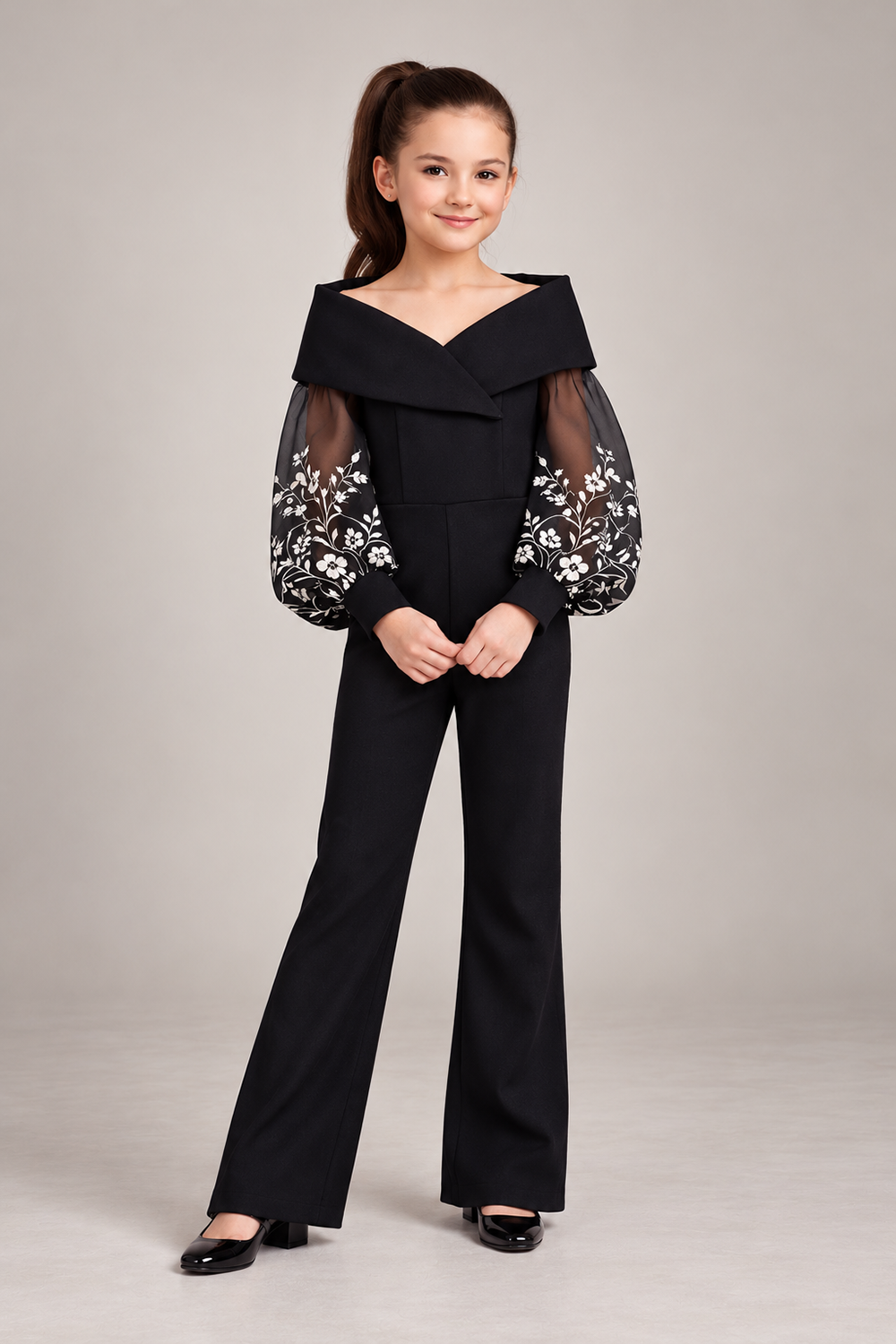 Black Jumpsuit With Elegant Off Shoulder Collar, Sheer Sleeves With Embroidery