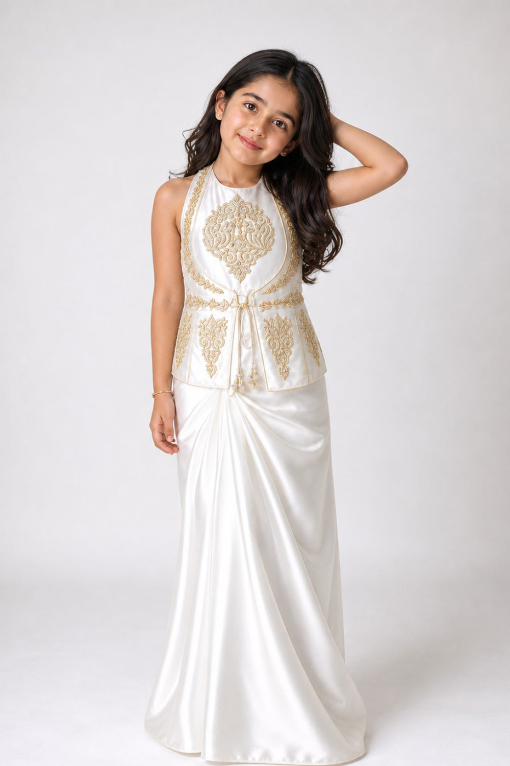 Halter Neck Peplum Top With Golden Embroidery Paired Withy Draped Satin Skirt