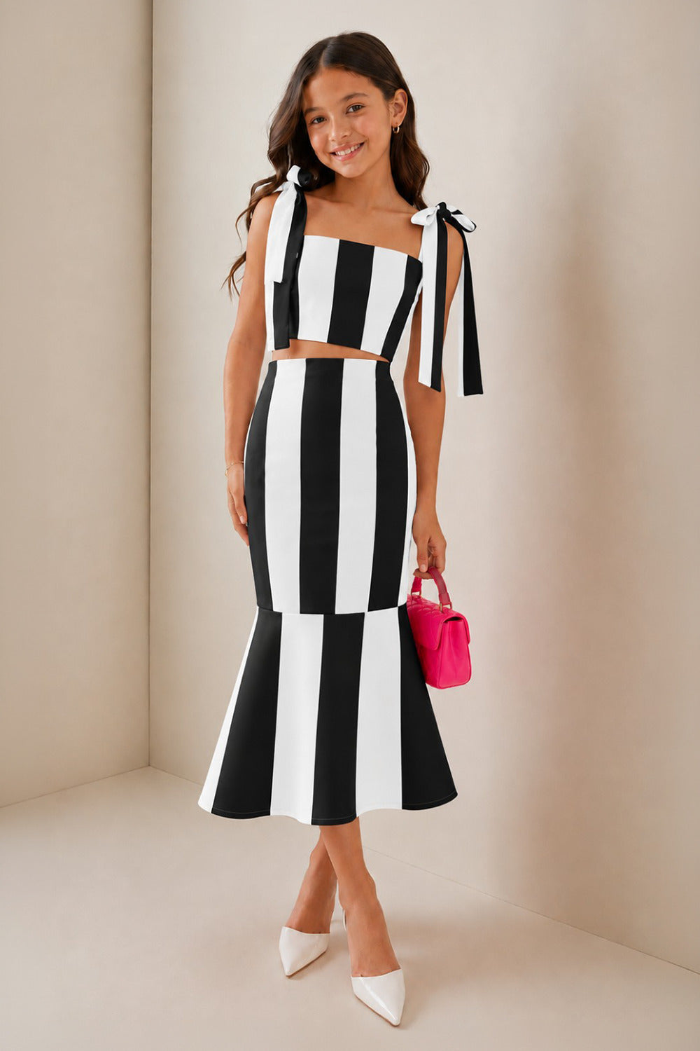 Two Piece Set Featuring Crop Top With Stylish Shoulder Tie Ups Paired With Fish Cut Skirt