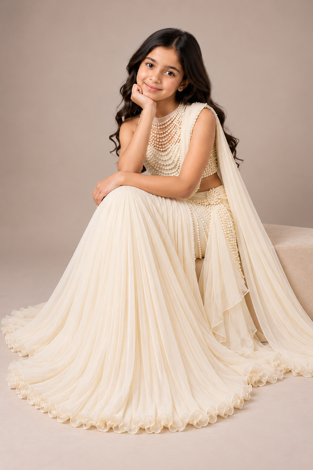 Draped Saree With Pearl Embroidery Blouse And A Pleated Skirt With Graceful Shoulder Drape