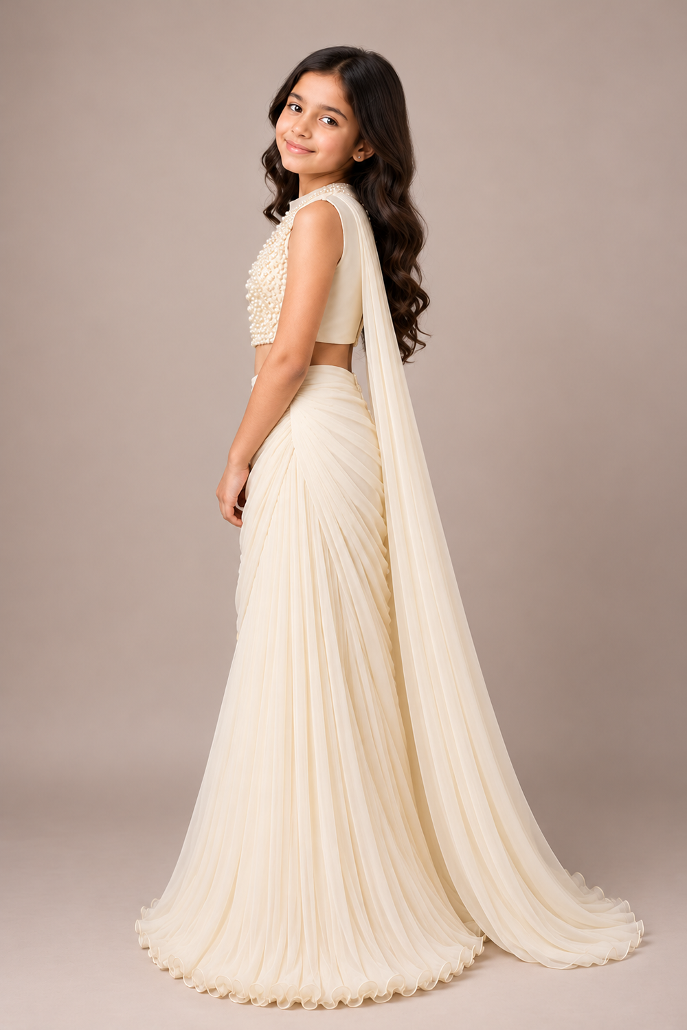 Draped Saree With Pearl Embroidery Blouse And A Pleated Skirt With Graceful Shoulder Drape