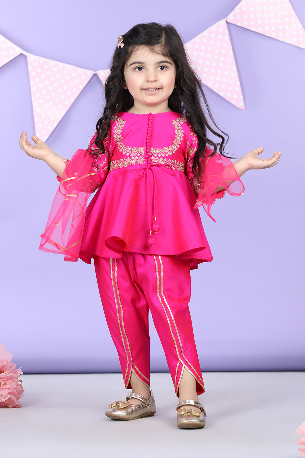 Potli Button Detail Front Open Pink Kurti and Dhoti with Net Dupatta