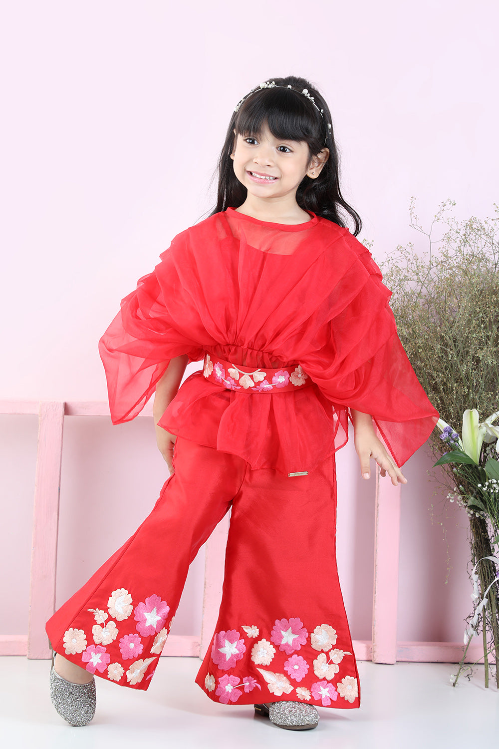 Stylish Pleated Red Top and Embriodered Palazzo with Detachable Belt
