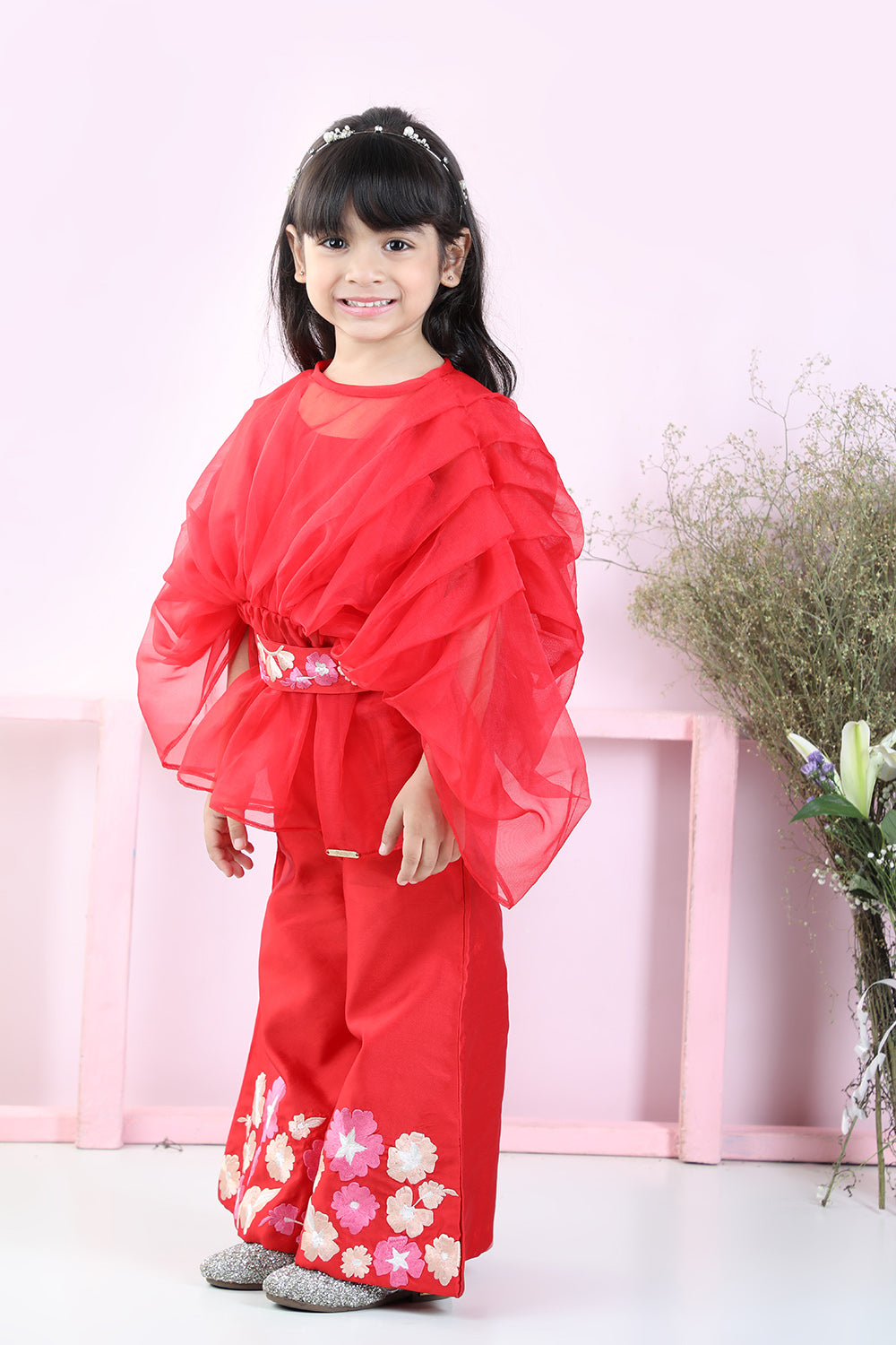 Stylish Pleated Red Top and Embriodered Palazzo with Detachable Belt