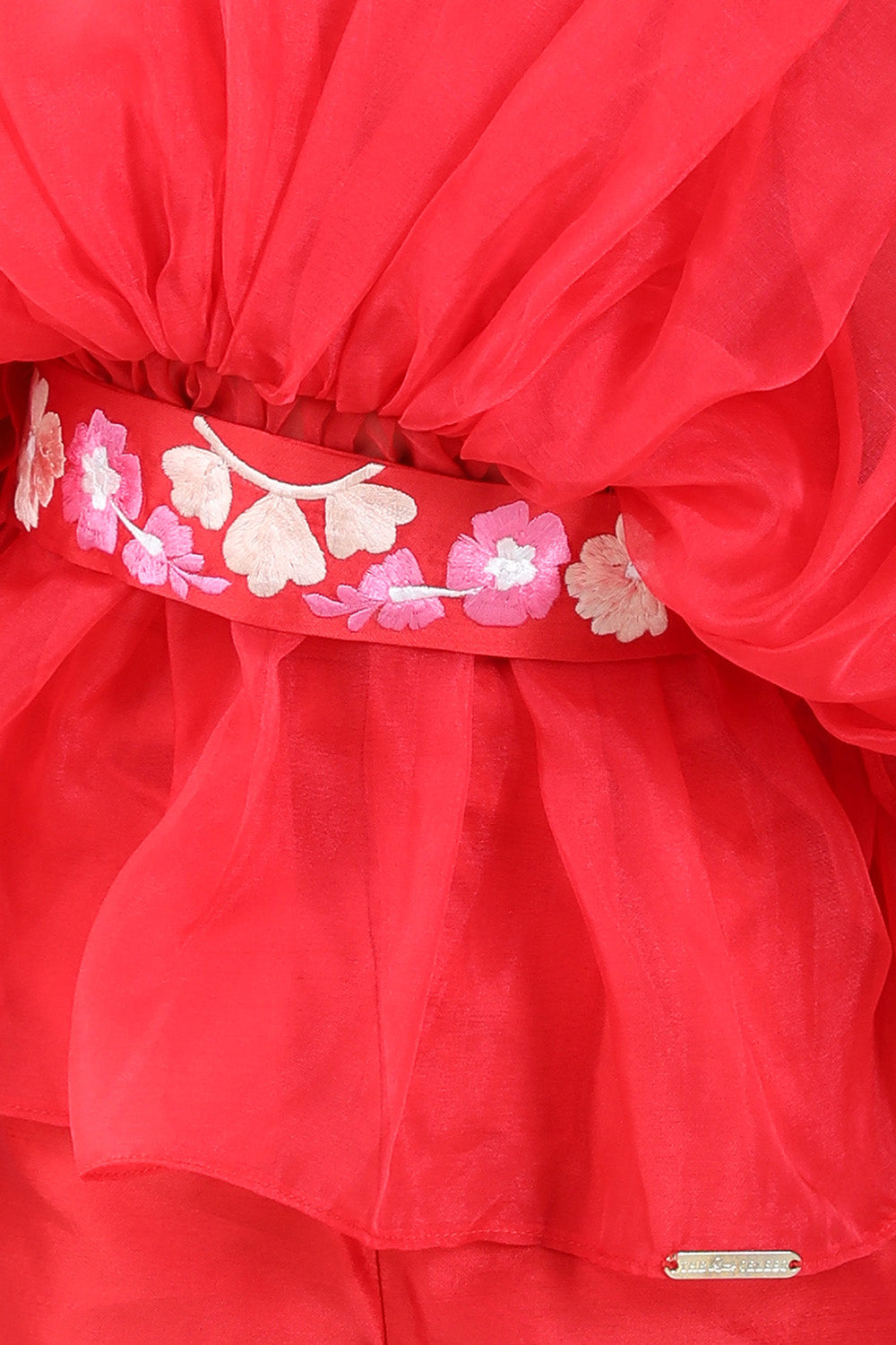 Stylish Pleated Red Top and Embriodered Palazzo with Detachable Belt
