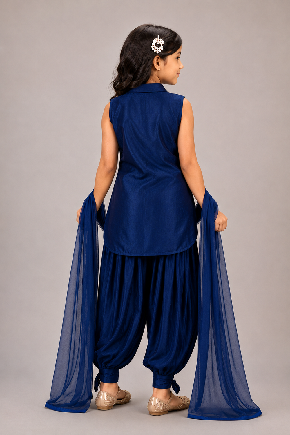 A Navy Blue Suit with Delicate Floral Embroidery and Paired with Tulip Pants