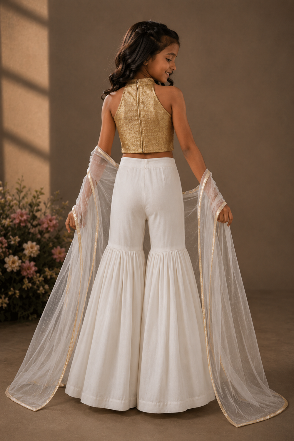 Golden Halter Neck Crop Top with Gharara