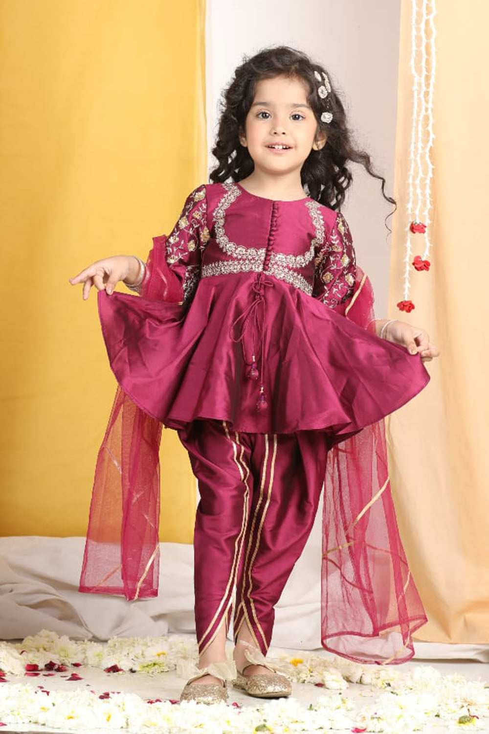 Potli Button Detail Front Open Pink Kurti and Dhoti with Net Dupatta