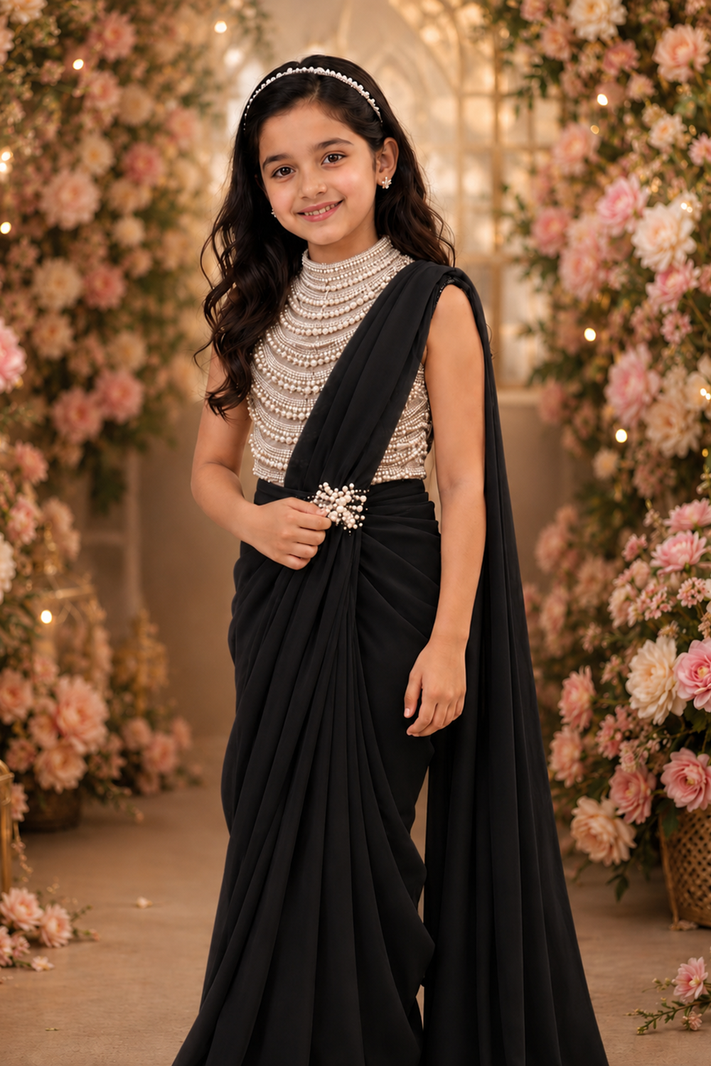 A Dreamy Draped Saree with Intricate Pearl Embroidery