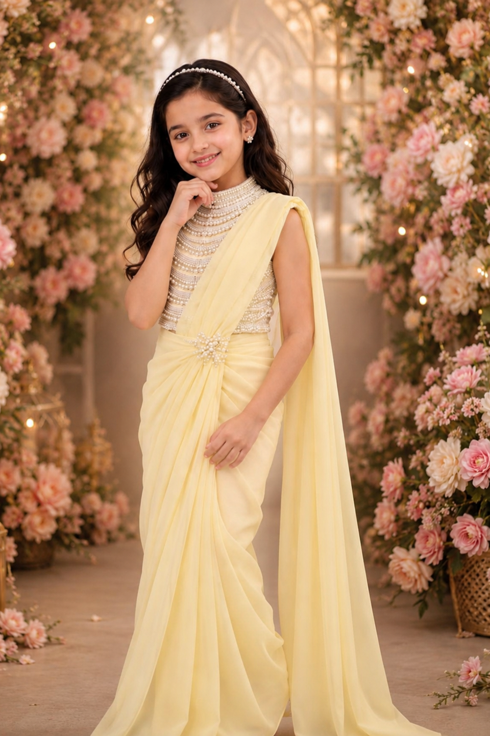 A Dreamy Draped Saree with Intricate Pearl Embroidery