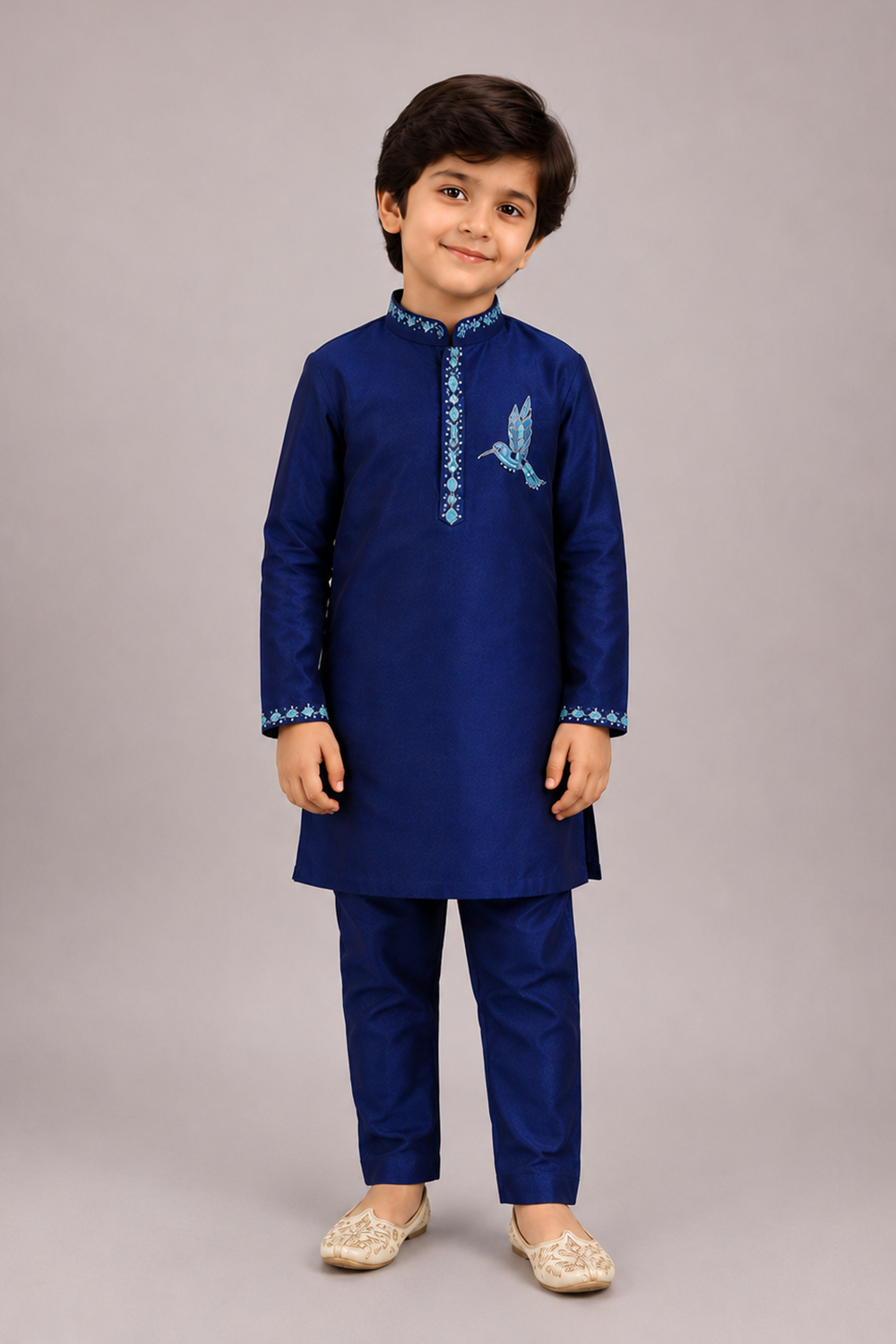 A Regal Navy Blue Kurta Set With Floral Embroidery