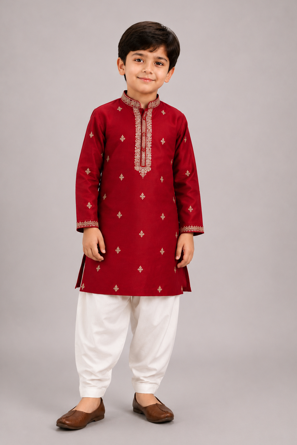 A Ruby Red Floral Embroidery Kurta Paired With White Salwar