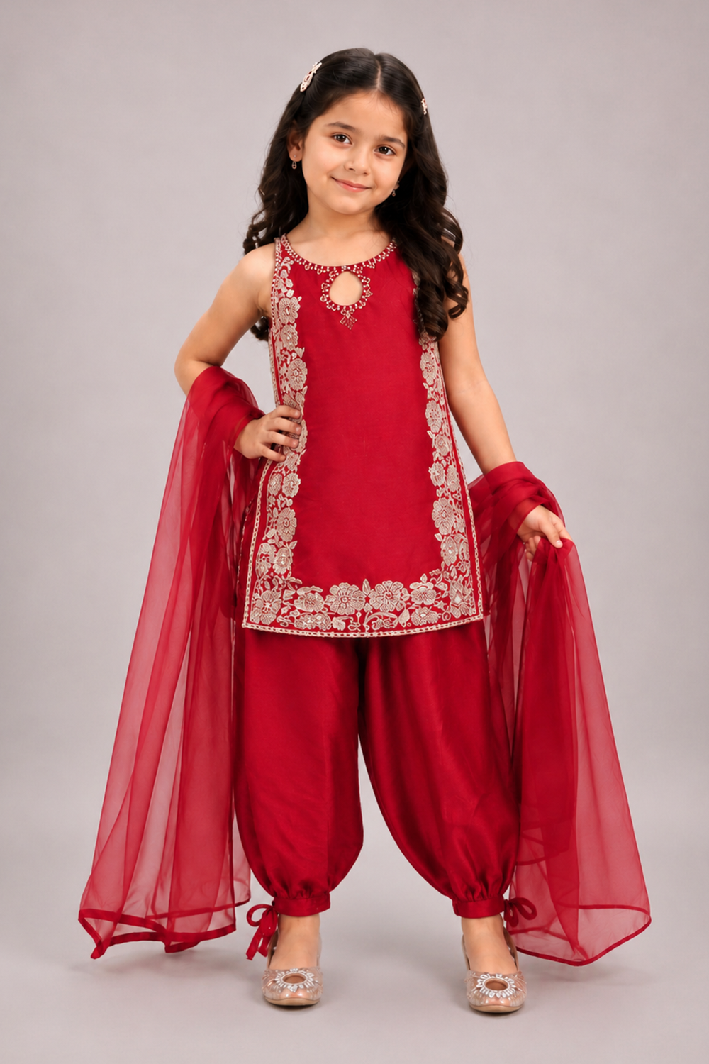 A Ruby Red Suit With Delicate Floral Embroidery And Paired With Tulip Pants