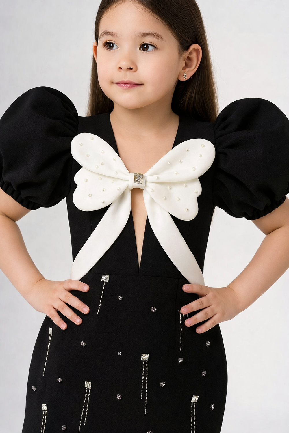 Black Dress with Bow Detailing and Stone Work