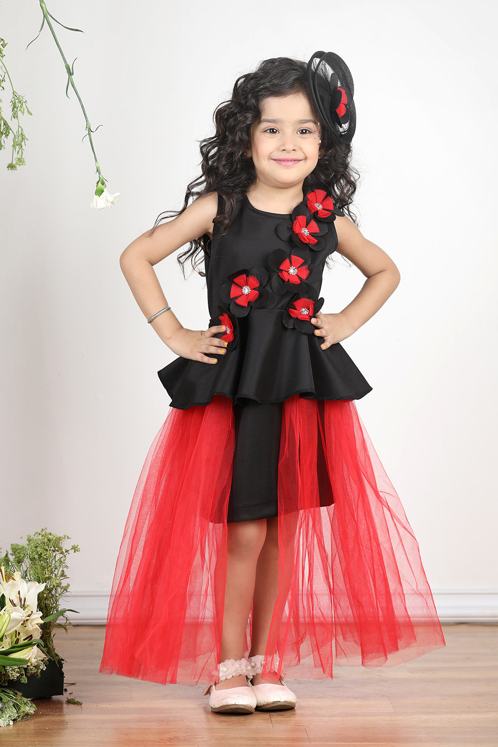 Black N Red Dress with 3D Flowers and Net Detailing Black N Red Dress with 3D Flowers and Net Detailing