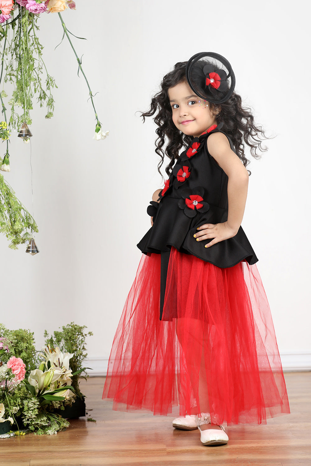 Black N Red Dress with 3D Flowers and Net Detailing