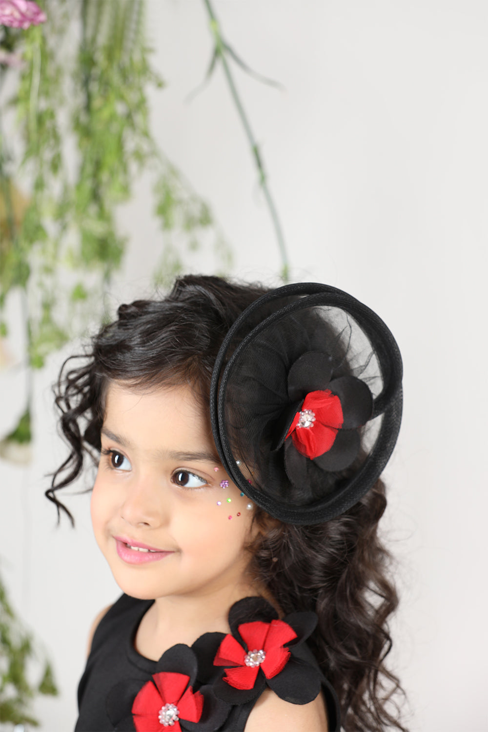 Black N Red Dress with 3D Flowers and Net Detailing