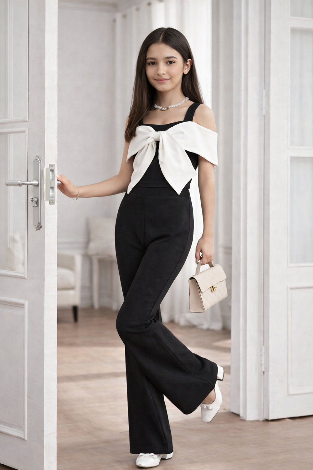 Black & White Jumpsuit with Bow Detailing