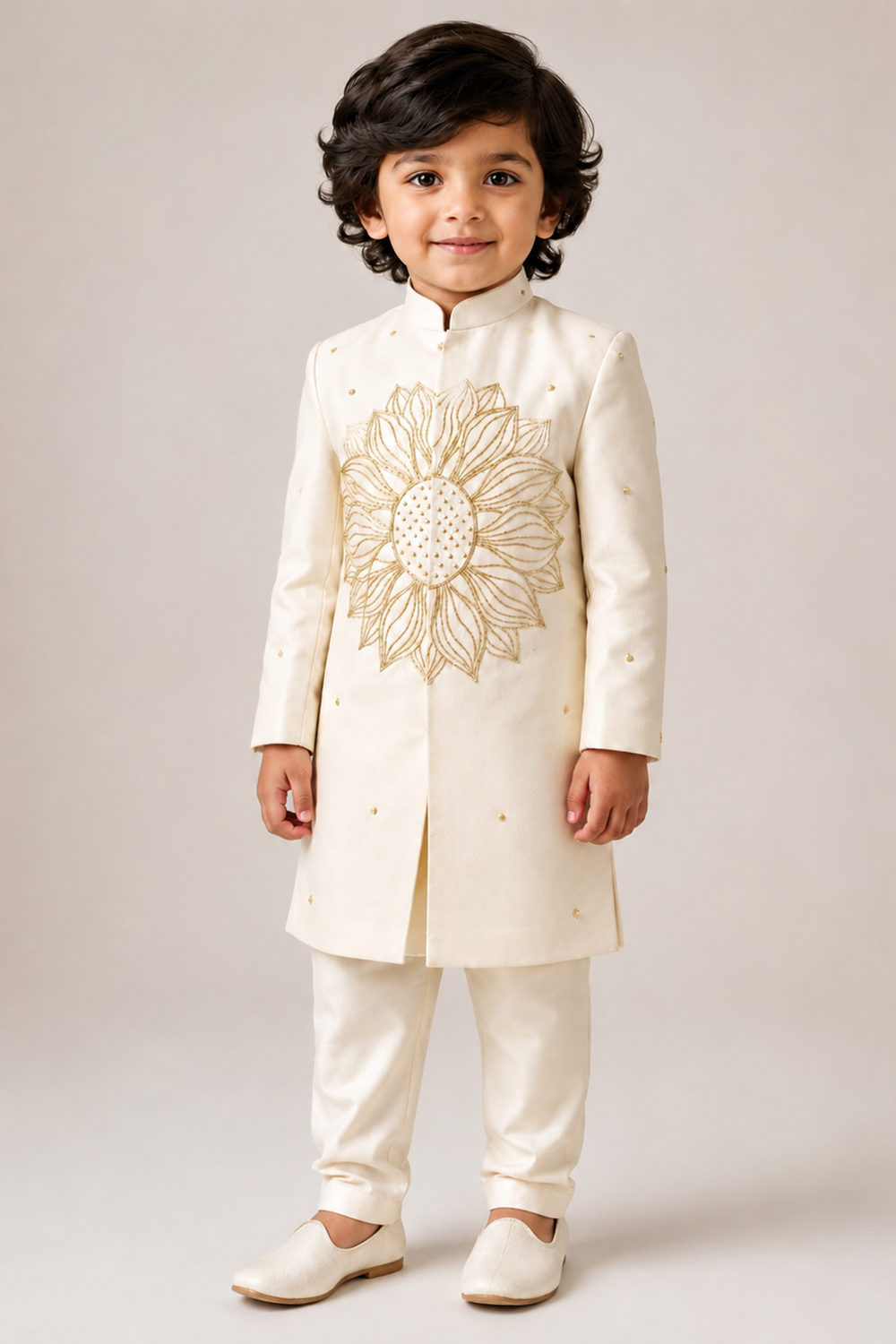Boys Ajkan With Handcrafted Floral Detailing
