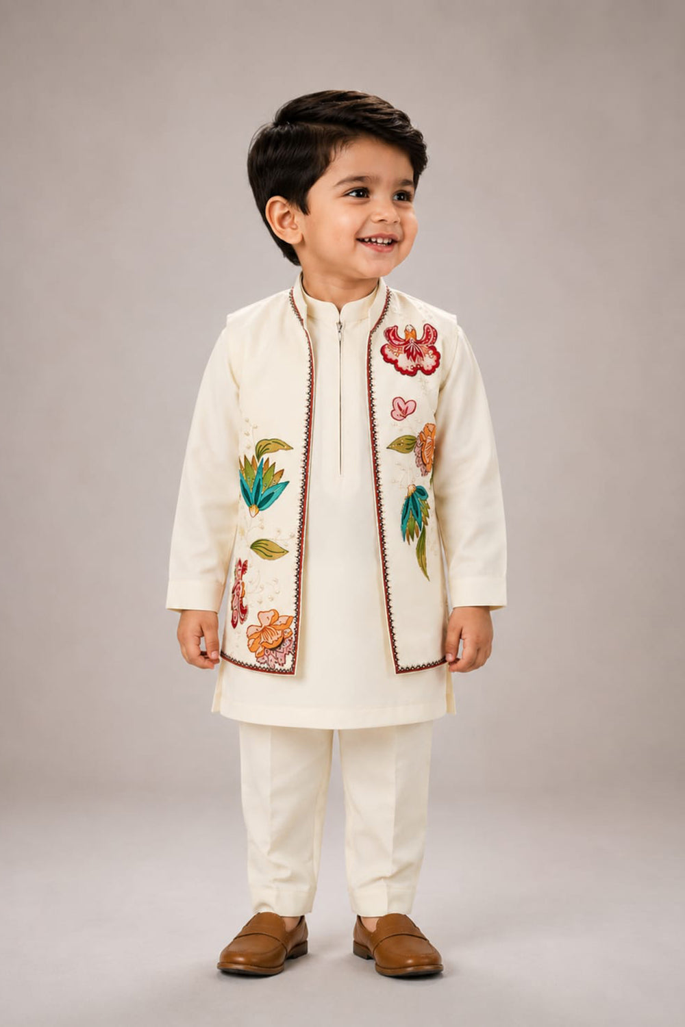 Boys Kurta Pajama With Floral Motif Jacket