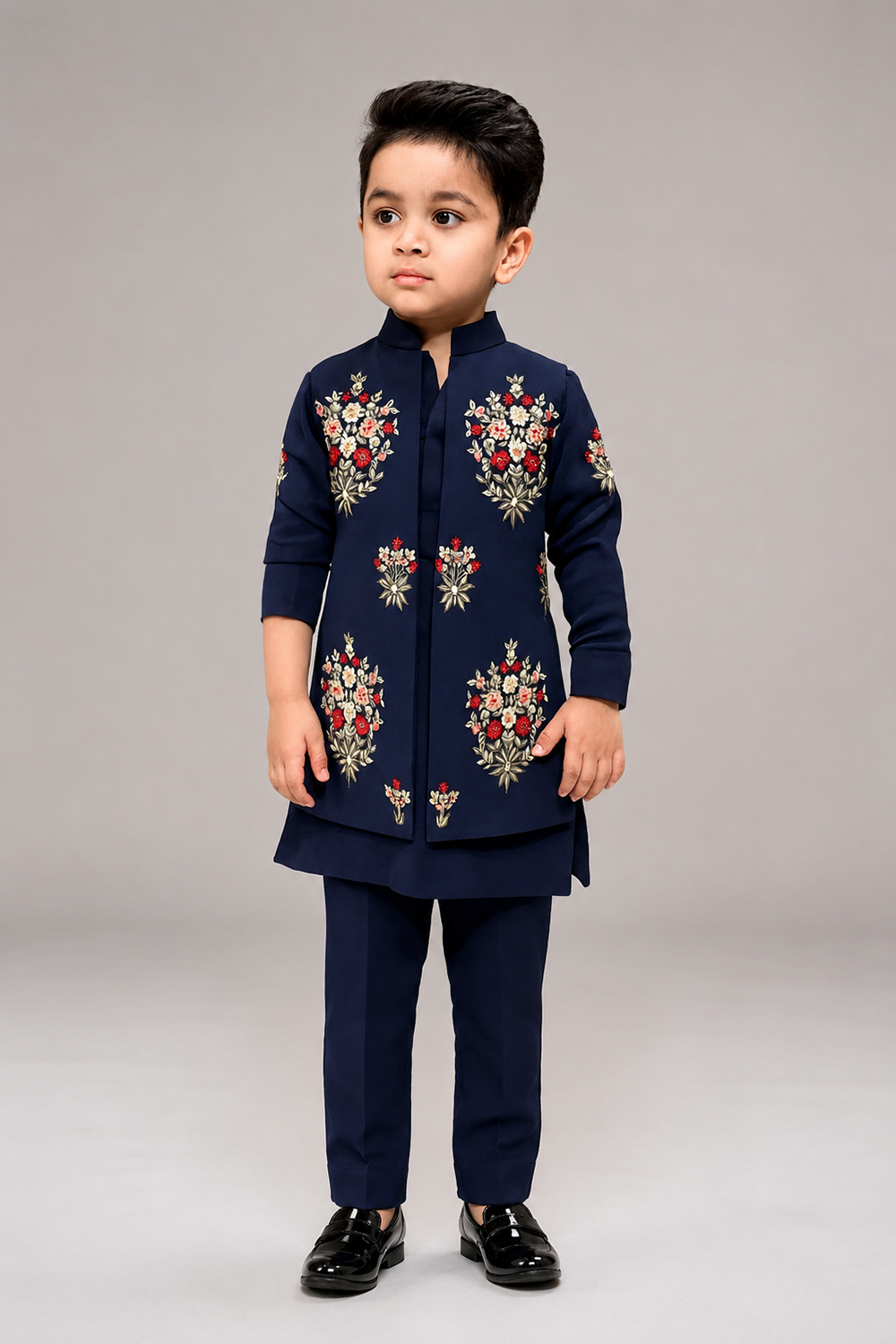 Boys Kurta Pajama With Handcrafted Floral Embroidery Jacket