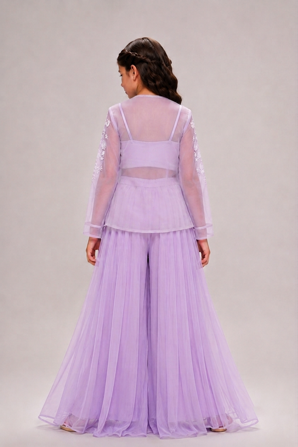 Dreamy Lilac Embroidered Jacket Set With Flowing Sharara