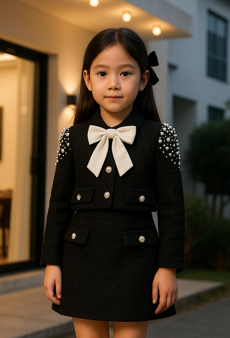 Tweed Coat With Pearl Hand Work N Skirt With Button Detailing