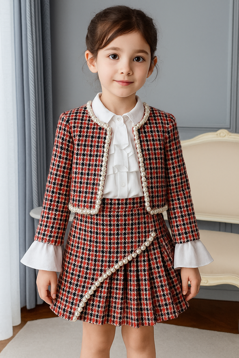 Red & Black Coat n Skirt with Pleats and Pearl Detailing