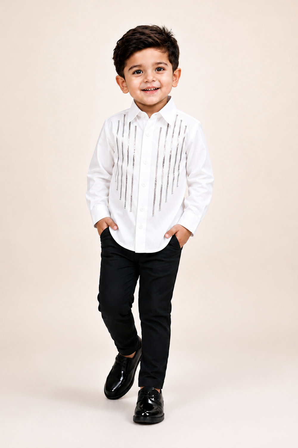 Formal Boys Shirt With Vertical Mettalilc Embellishment