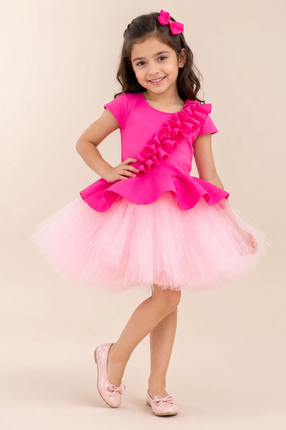 Hot Pink Peplum Dress With A Layered Tulle And Ruffle Detail