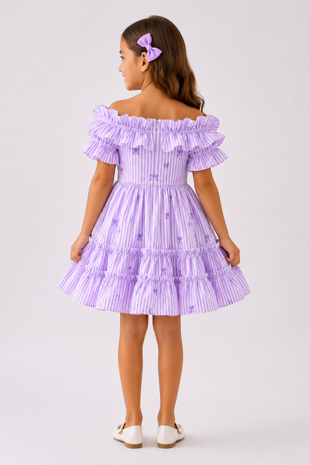 Lilac Off Shoulder Striped Dress With Ruffle Detailing