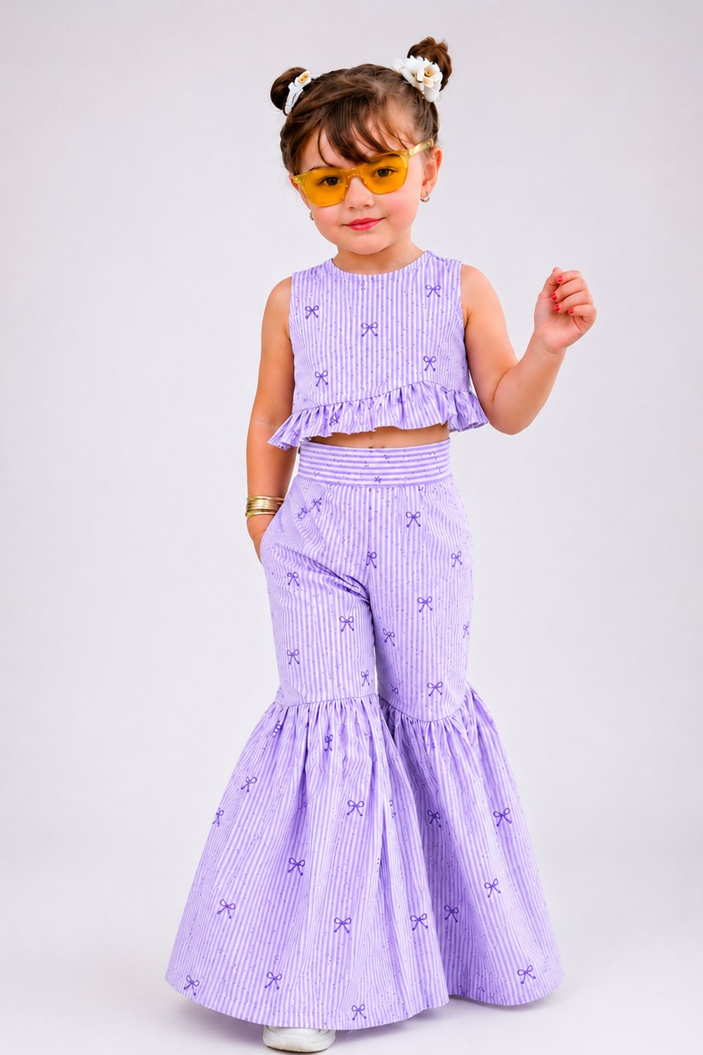 Lilac Striped Top Paired With Matching Flared Pants