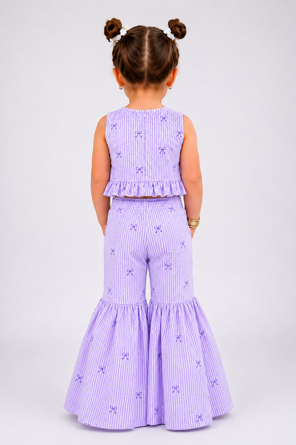 Lilac Striped Top Paired With Matching Flared Pants