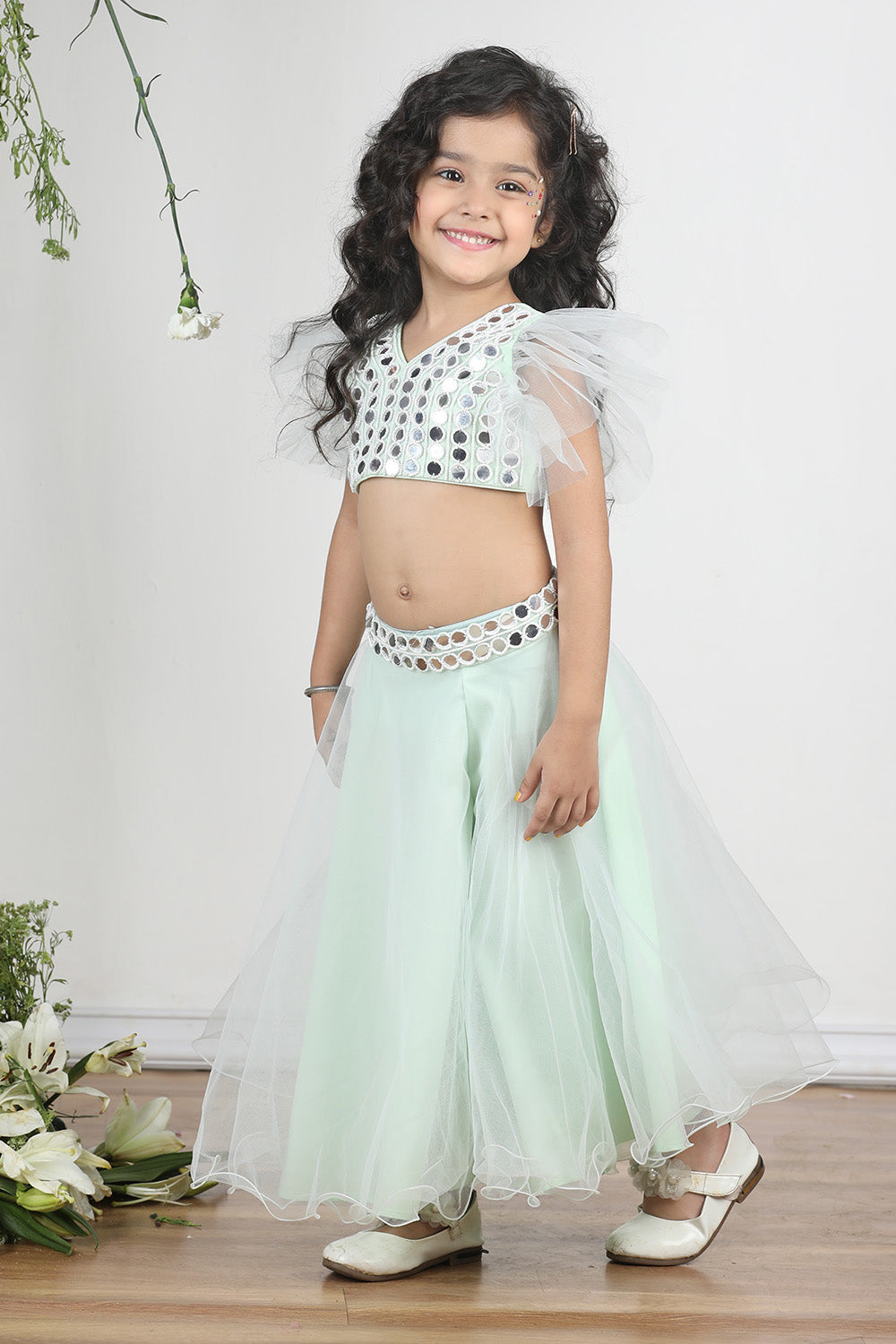 Mint Green Beads and Patra Work Embroidered Blouse with Plazzo