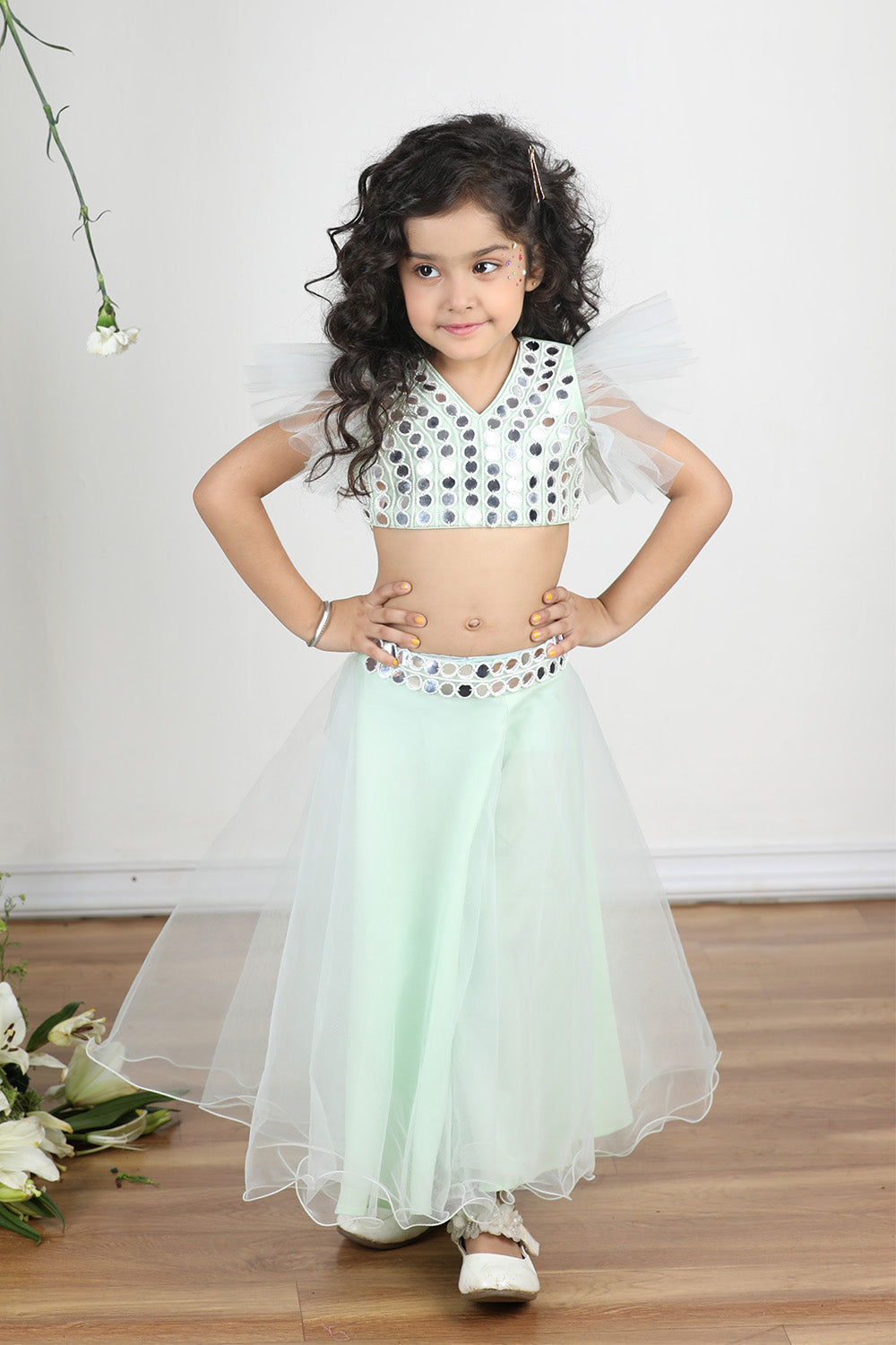 Mint Green Beads and Patra Work Embroidered Blouse with Plazzo