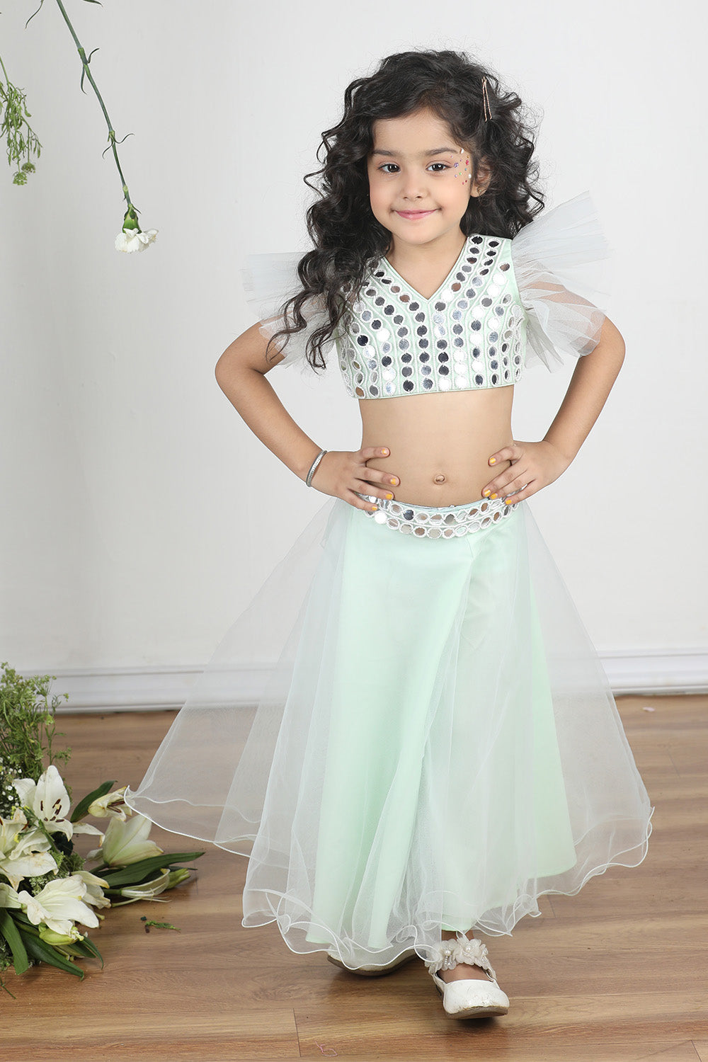 Mint Green Beads and Patra Work Embroidered Blouse with Plazzo