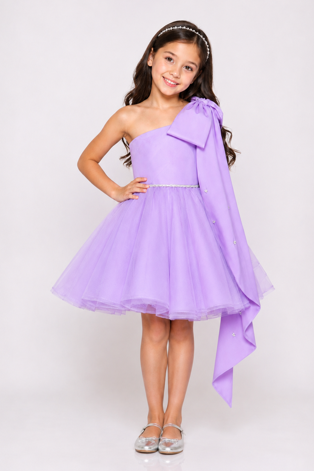 One Shoulder Lilac Tulle Dress With A Dramatic Bow Detail