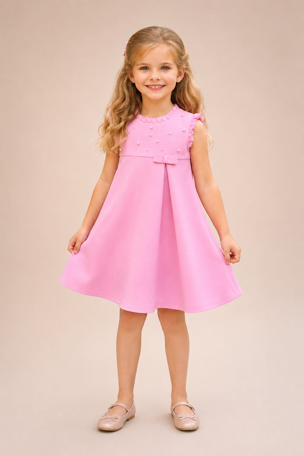 Pink A Line Dress With Pearl Embellishments And A Bow Detail