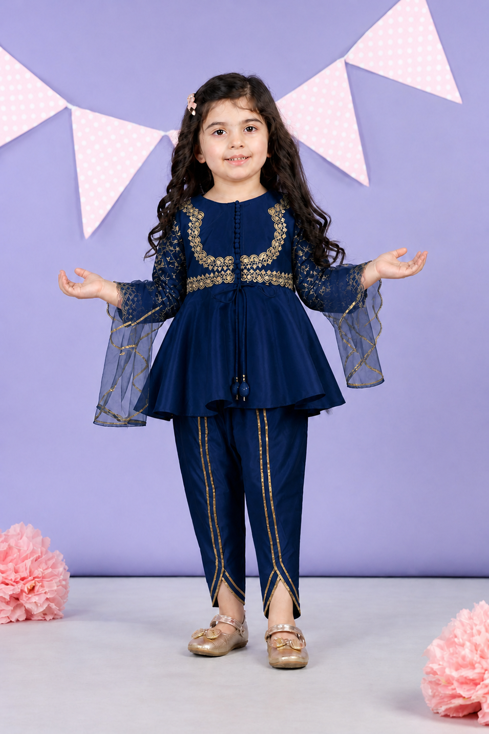 Potli Button Detailing Front Open Kurti with Net Detailing