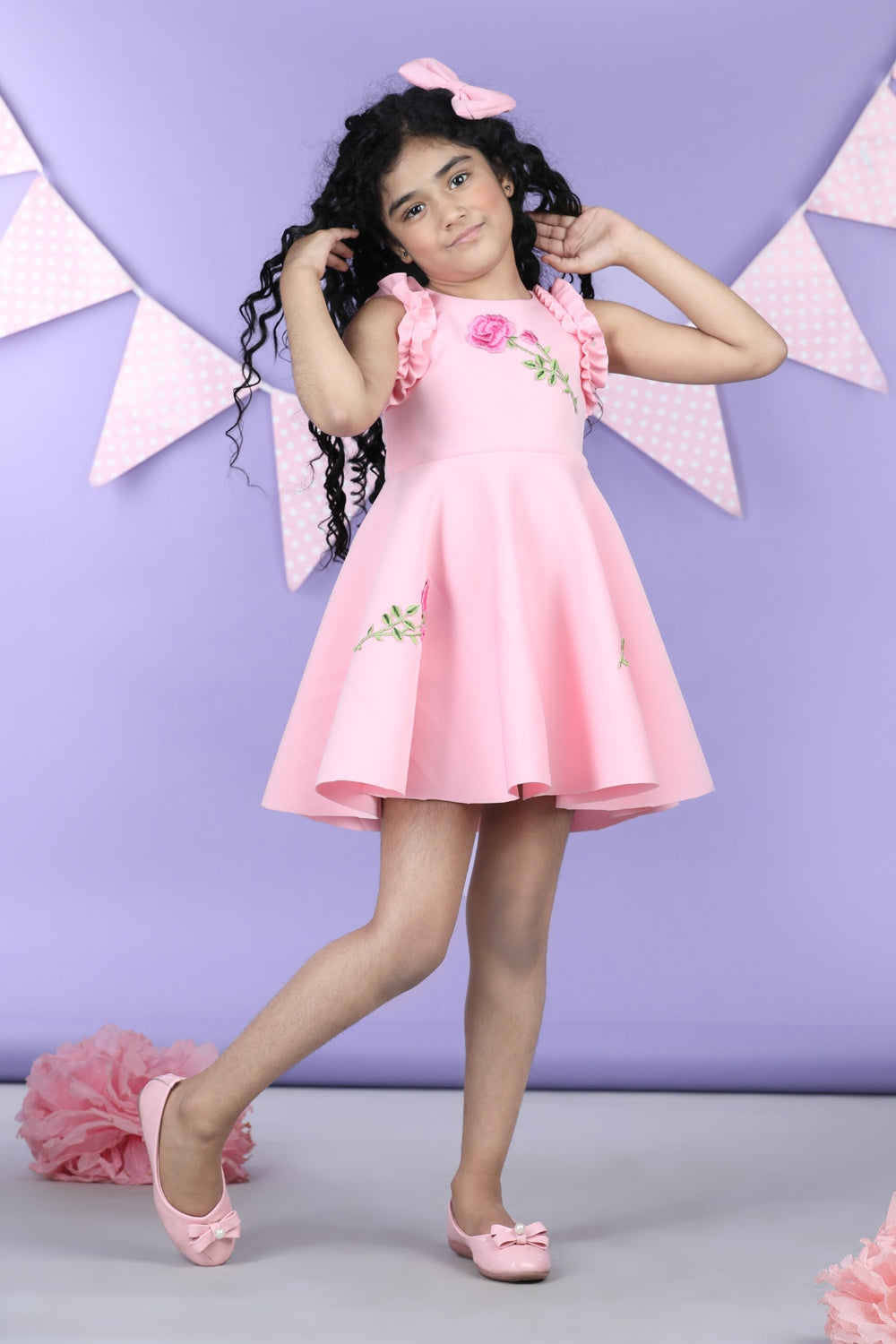 Dress With Embroiderd Flower Patches And Frill On Armhole