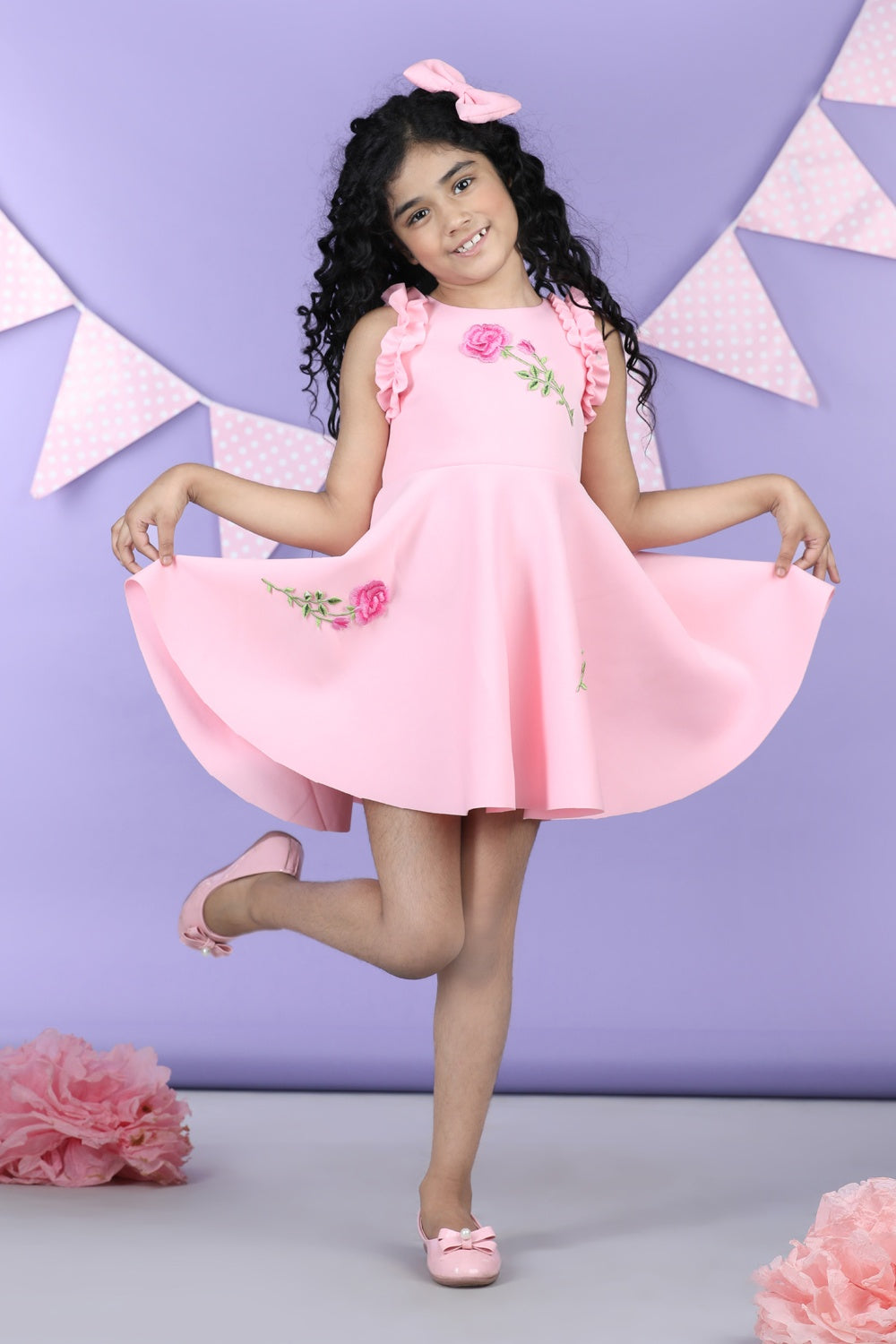 Dress With Embroiderd Flower Patches And Frill On Armhole