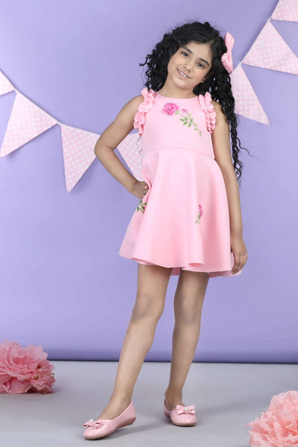 Dress With Embroiderd Flower Patches And Frill On Armhole