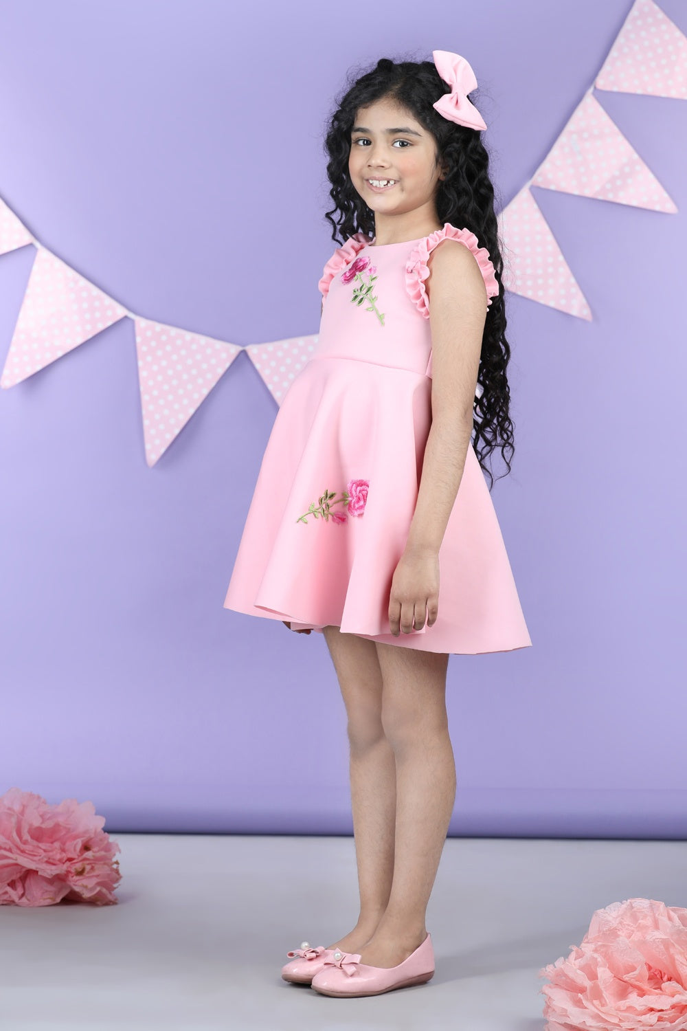 Dress With Embroiderd Flower Patches And Frill On Armhole
