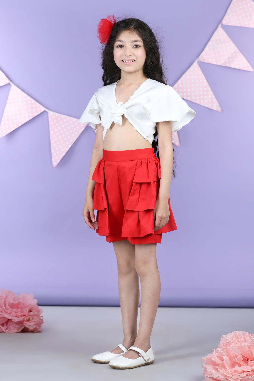 Front Open Top And Shorts With Layred Frill On Sides
