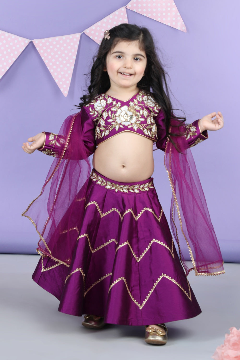 Heavy Embroidered Bluse With Gota Lines Lehenga And Chunni