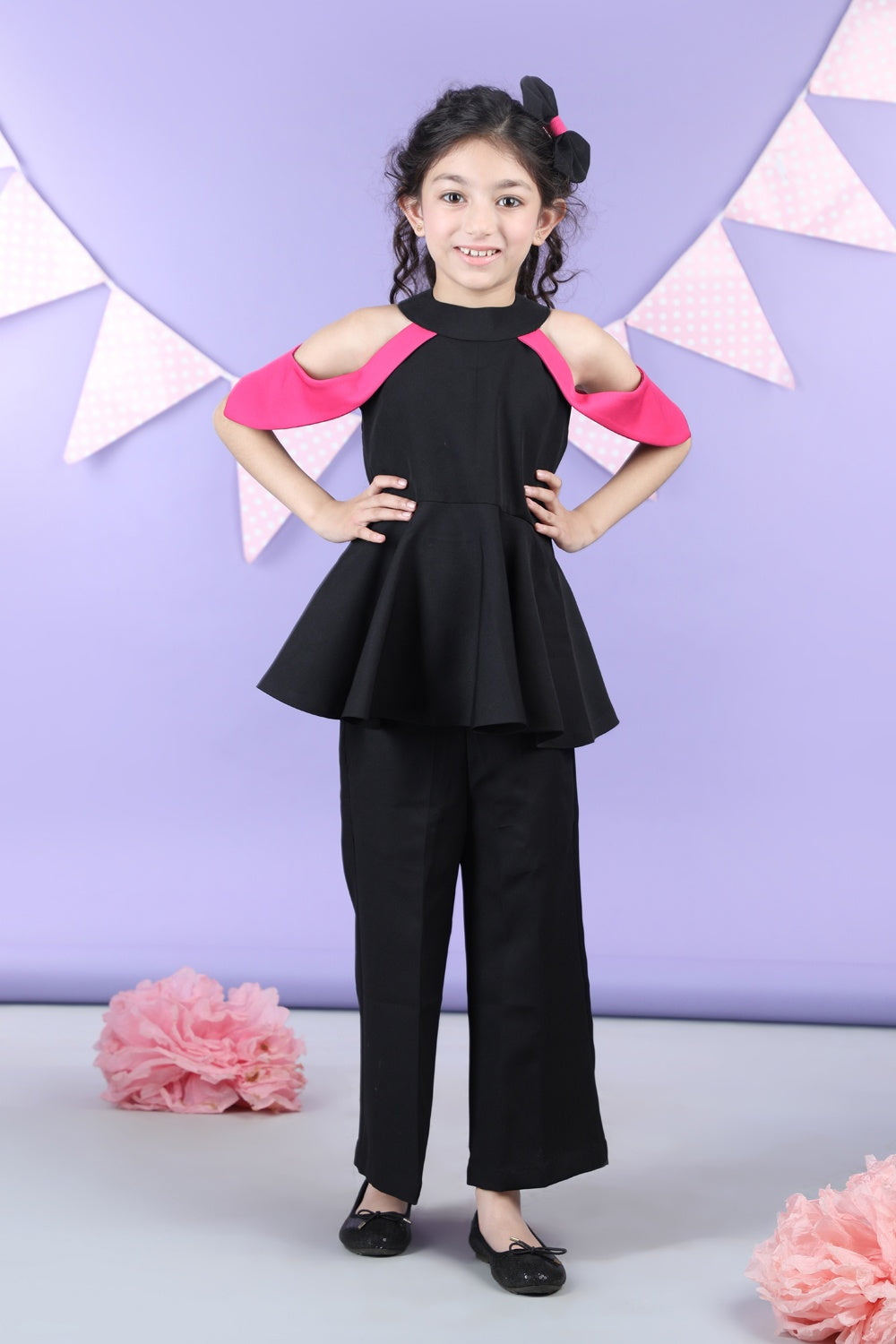 Peplum Top With Shoulder Cut Flaps Accompanied With Pants